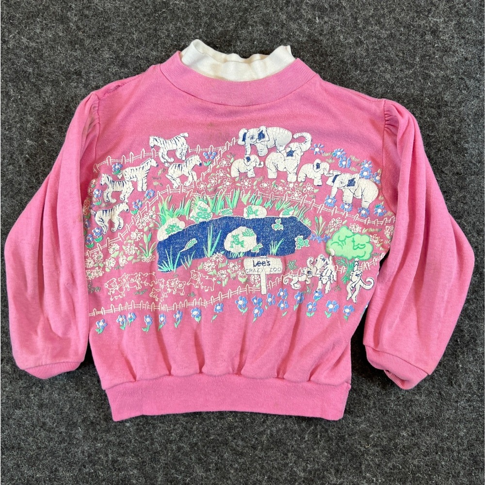 Vintage 90s Lee Voss Sweatshirt Girls Size 4T Pink Animal Crazy Zoo Puff Sleeve
